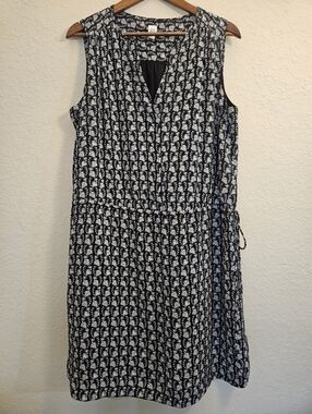 Gap Midi Shift Dress Womens Size Large Black White Floral Tie Waist Sleeveless